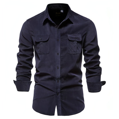 Men Dress Shirt College Tops de manga longa azul