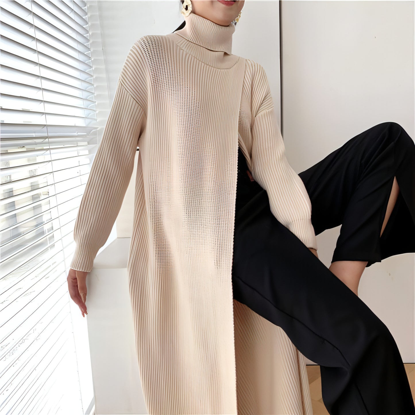 A.1 Long Knit Turtleneck Sweater Long Skirt Pullover Bottoming With Slits And Slim Fit