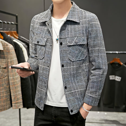 Men's Casual Plaid Jacket Lapel Cropped Coat