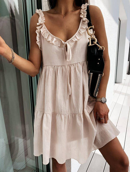 Dress Women New Solid Color Suspenders V Neck Short Skirt