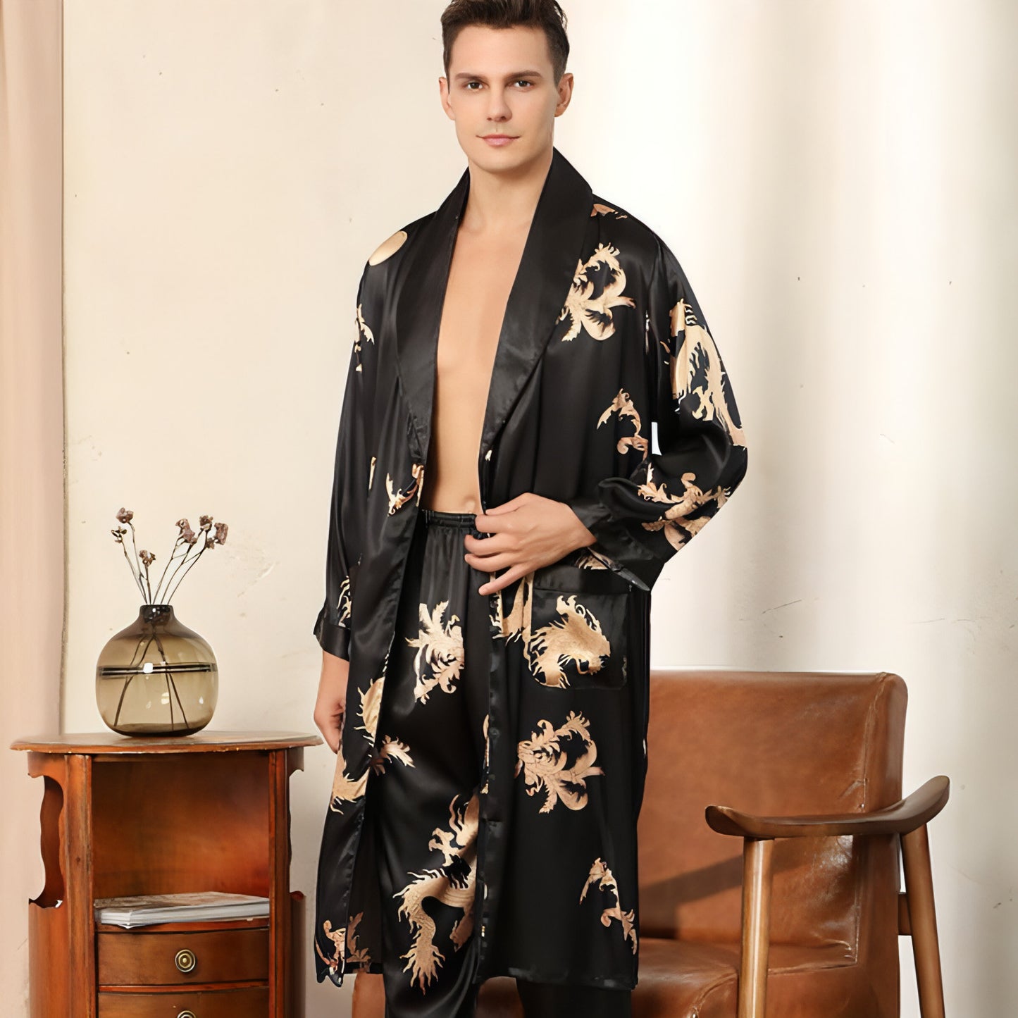 Silk Robe Pants Pajama Set