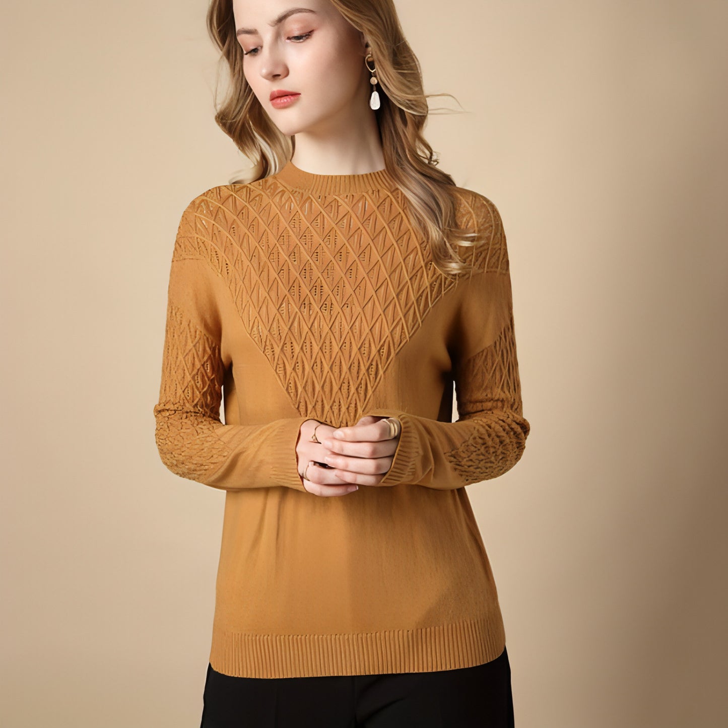 Pure Color Hollow Knitted Sweater Women Half High Fashion