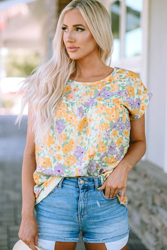 Blusa amarela de zagueiro de estampa floral traseira de manga curta