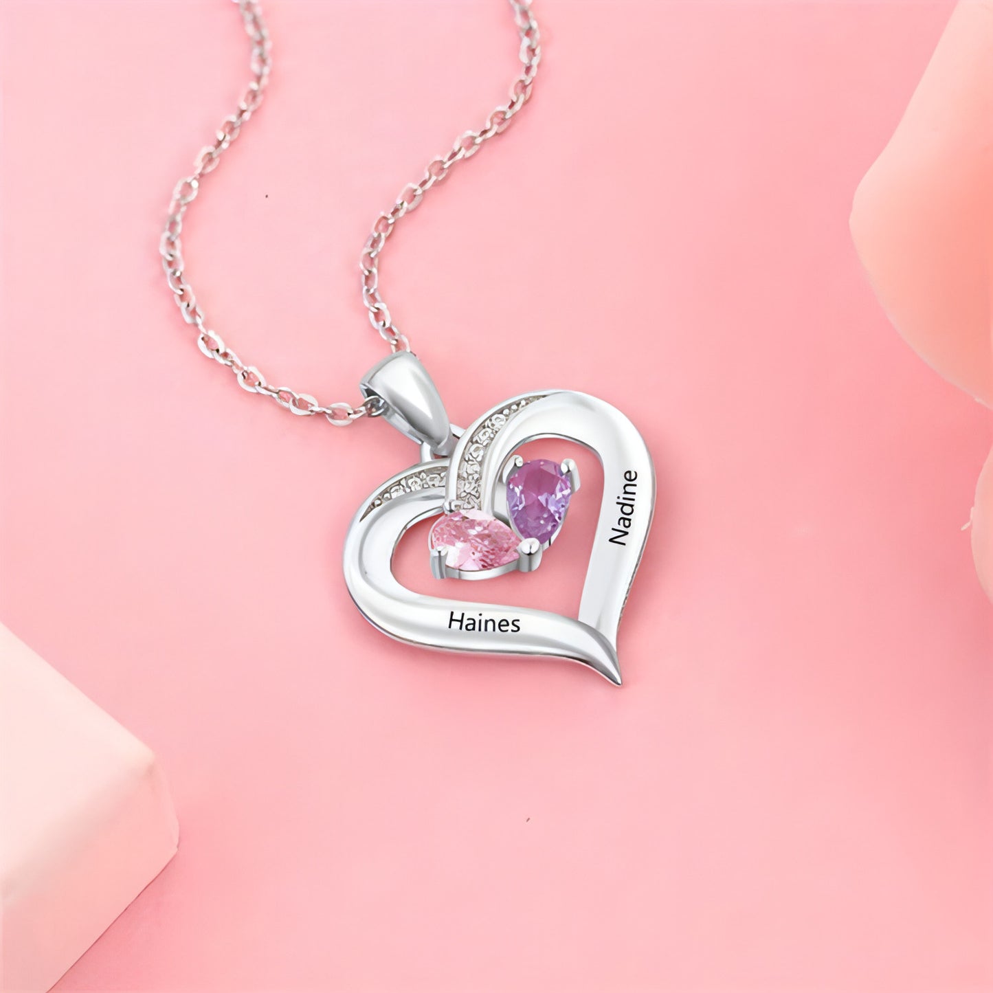 Personalized Heart-Shaped Gemstone Necklace – Custom Couple Pendant