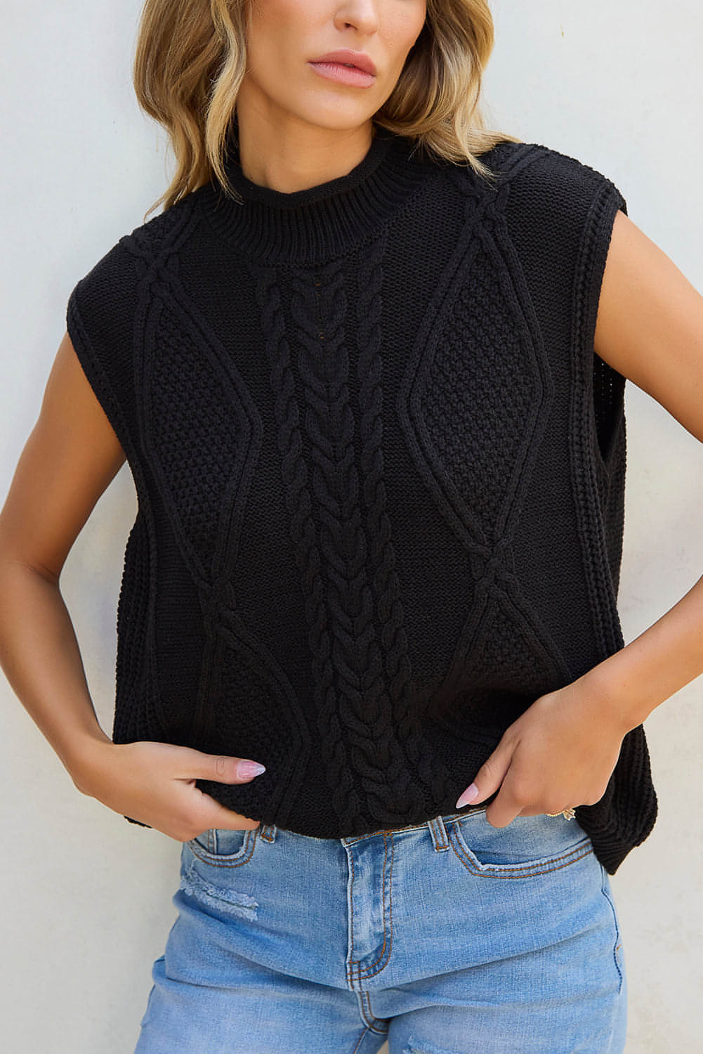 Black Solid Color Cable Knit High Neck Sweater Vest