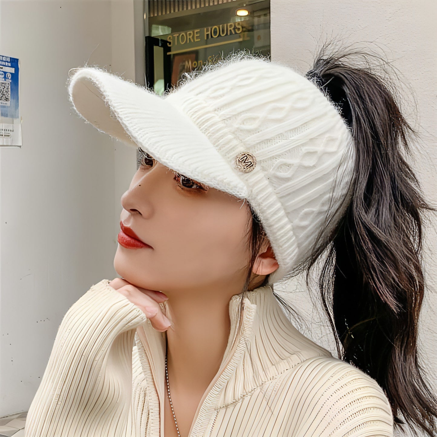 Autumn And Winter Korean Style Versatile Knitted Rabbit Fur Knitted Hat Fleece-lined Thick Warm Earflaps Peaked Cap