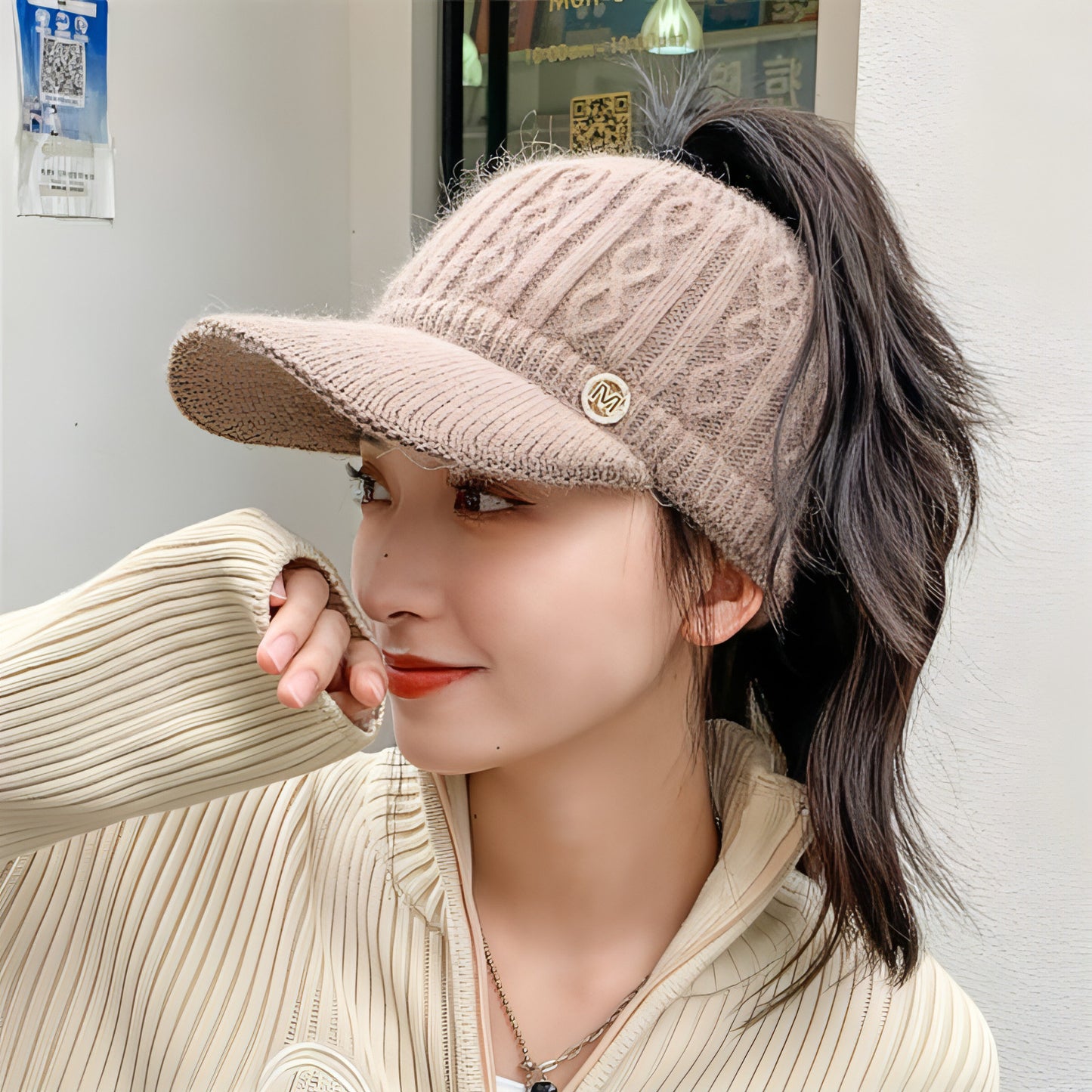 Autumn And Winter Korean Style Versatile Knitted Rabbit Fur Knitted Hat Fleece-lined Thick Warm Earflaps Peaked Cap