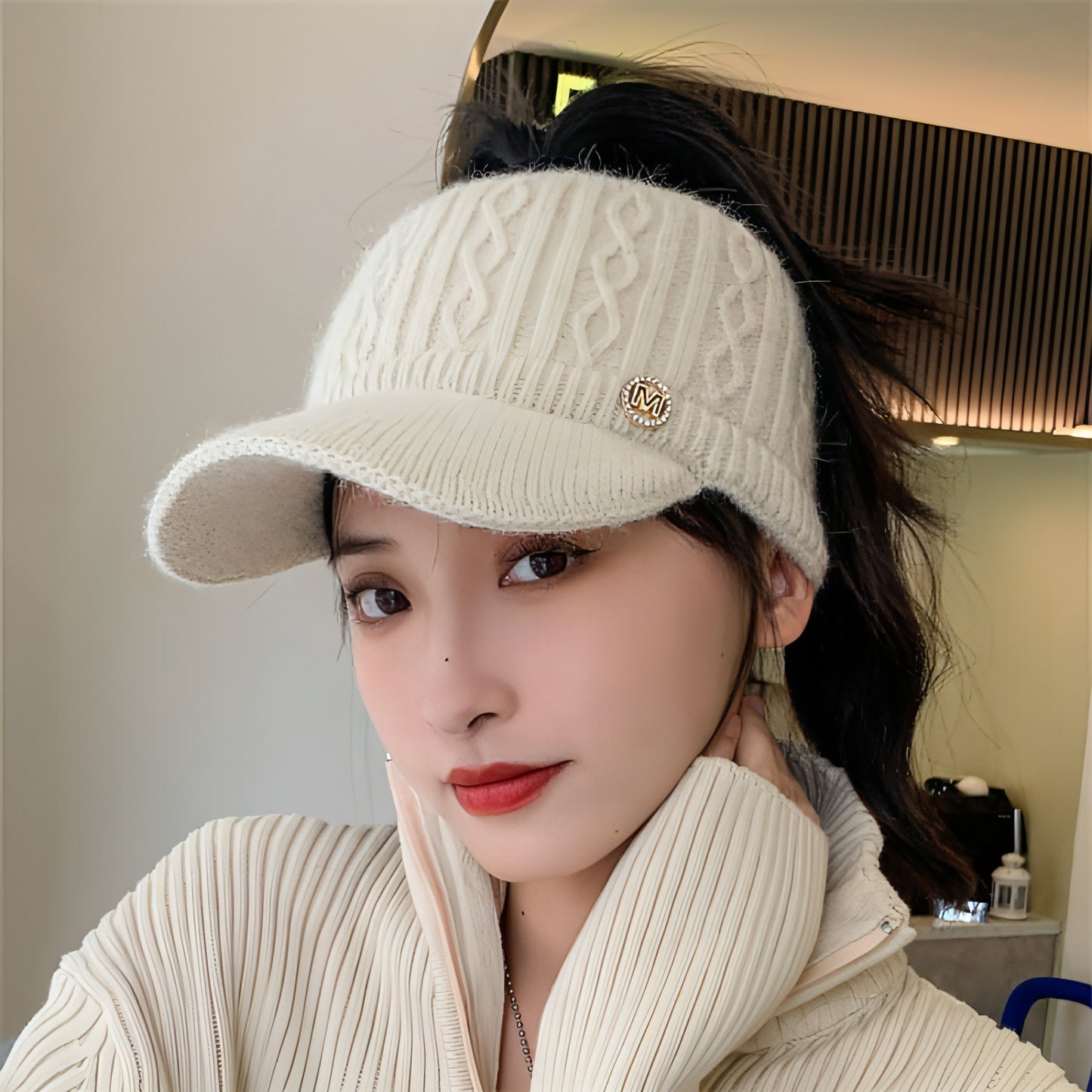 Autumn And Winter Korean Style Versatile Knitted Rabbit Fur Knitted Hat Fleece-lined Thick Warm Earflaps Peaked Cap