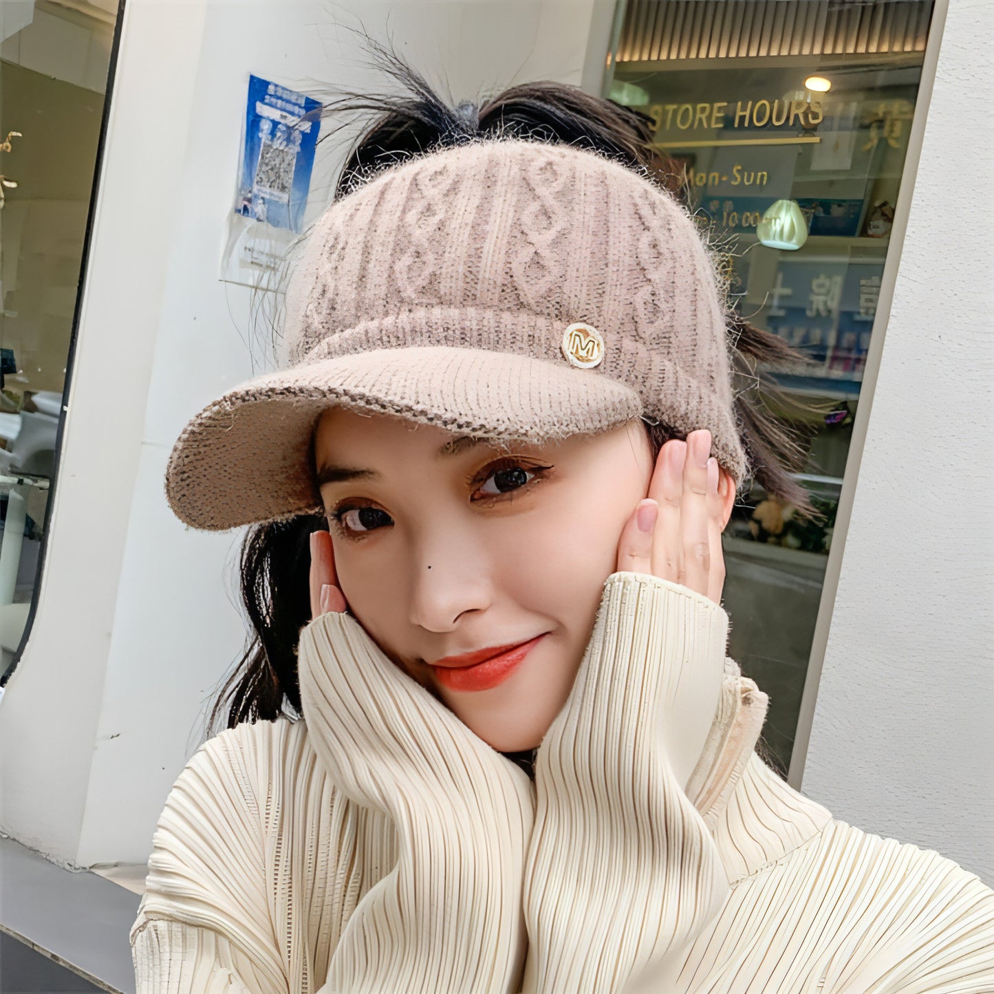 Autumn And Winter Korean Style Versatile Knitted Rabbit Fur Knitted Hat Fleece-lined Thick Warm Earflaps Peaked Cap