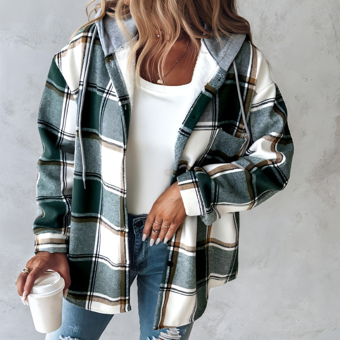 Women's Wear Solid Color Plaid Hooded Jacket