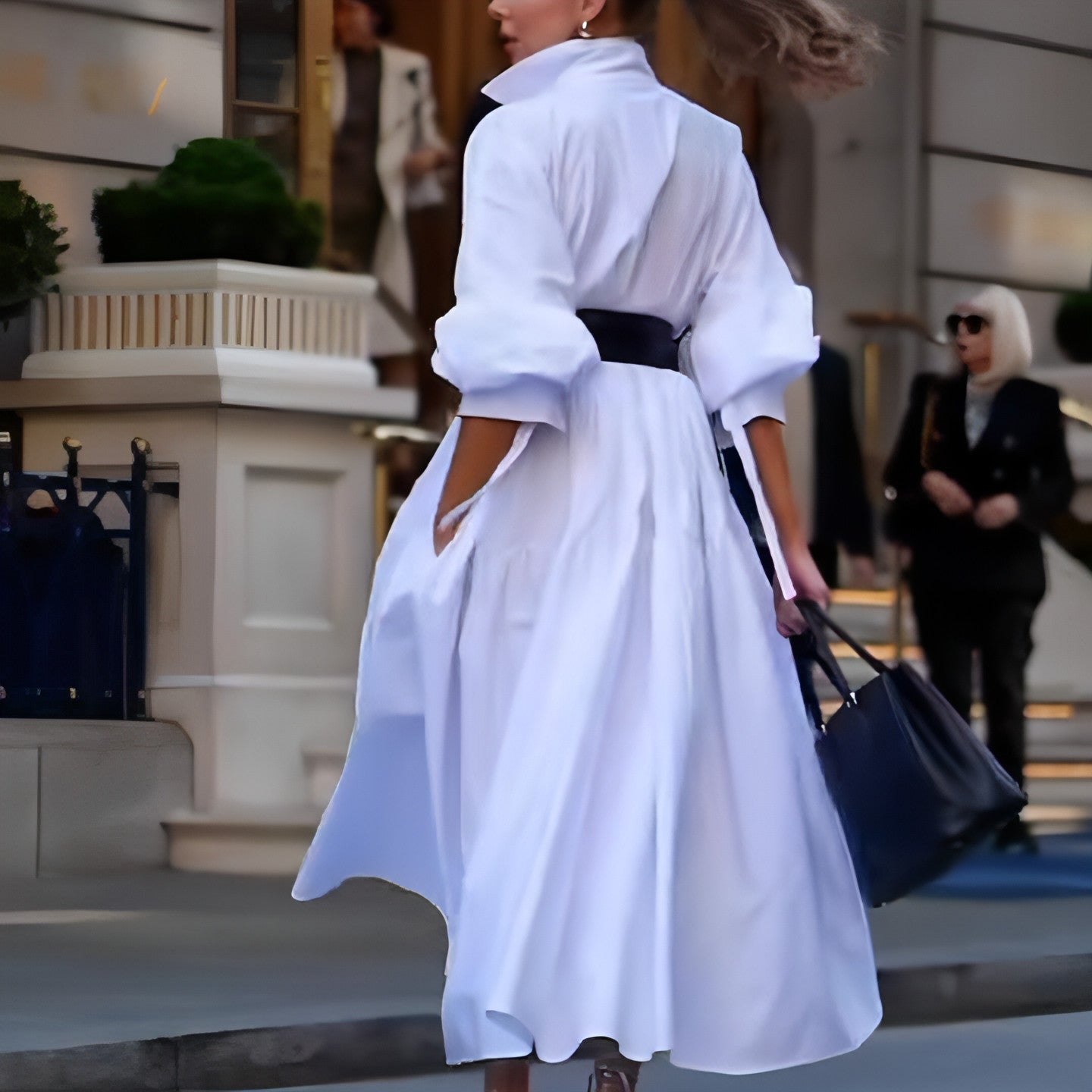 Vestido de cinto de lapela branca pura moda