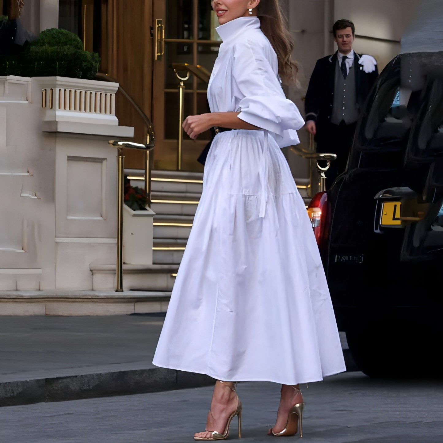 Vestido de cinto de lapela branca pura moda