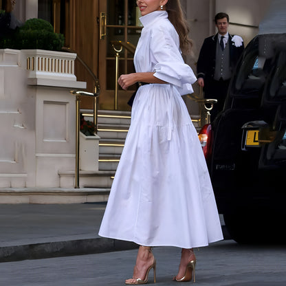 Vestido con cinturón y solapa en color blanco puro a la moda