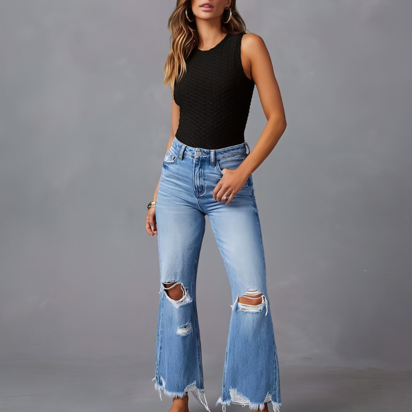 Calça de cintura alta jeans das mulheres