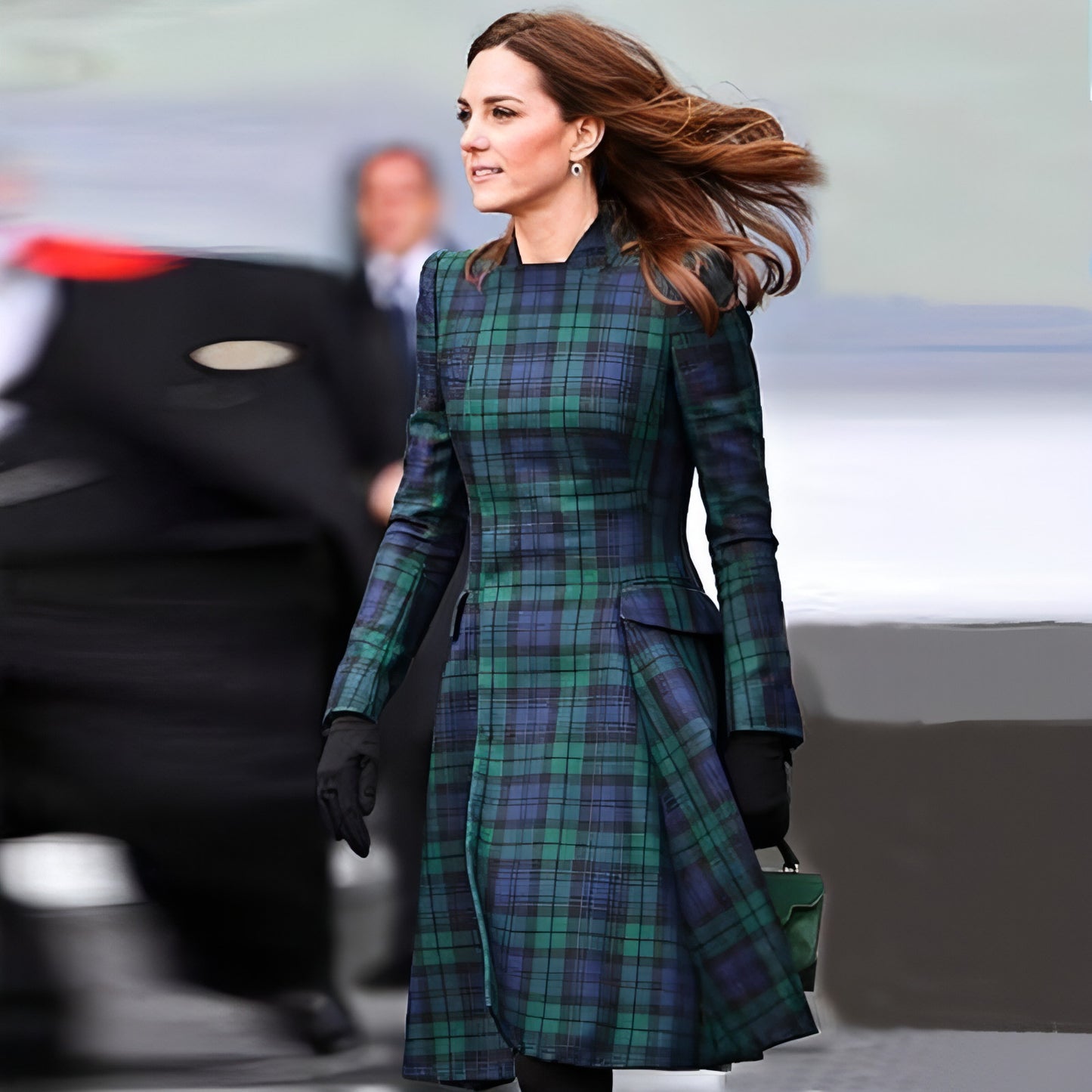 A1. Royal English Lapel Long Sleeve Plaid Waist Dress