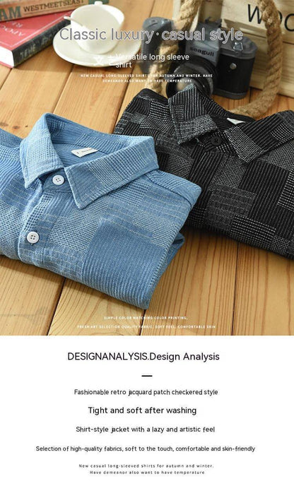 Jacquard Color Matching Casual Denim Long-sleeved DressShirt Men's