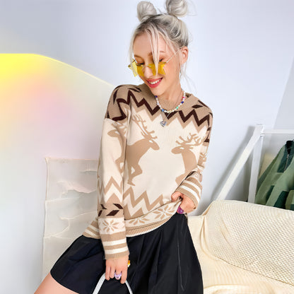 Round Neck Pullover Elk Style Women's Knitted Sweater Women