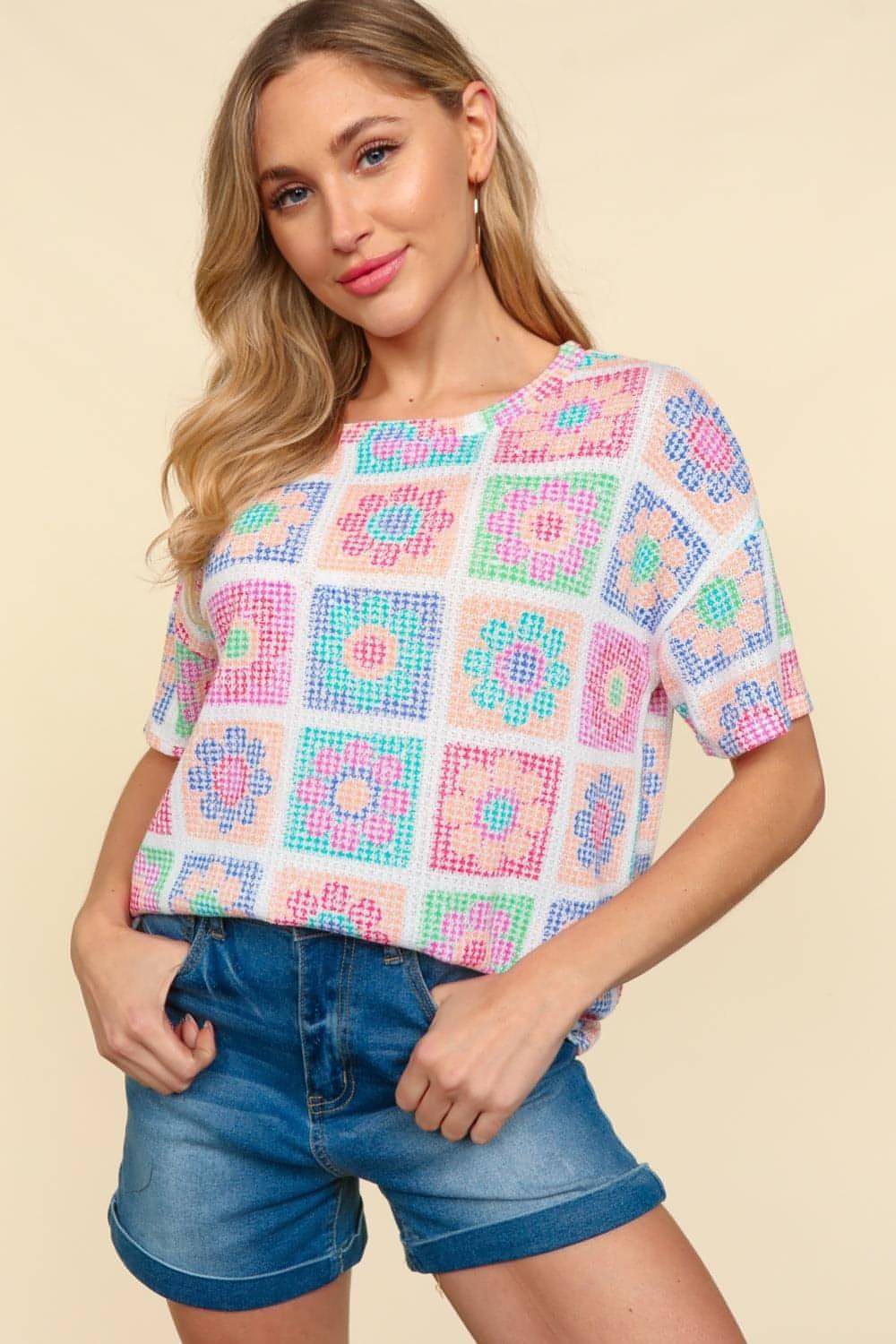 Haptics Flower Print Round Neck Kort ärm T-shirt