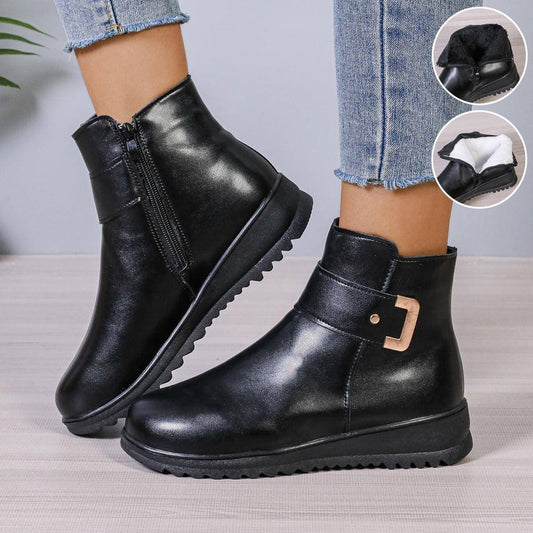 Botas de lã de inverno com zíper lateral Design Moda Simples que não deslizam botas de tornozelo para mulheres Sapatos de couro quentes de PU