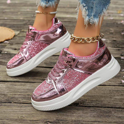 Zapatos planos con cordones de moda con diseño de lentejuelas, zapatos deportivos casuales con punta redonda y suela gruesa para mujer, zapatillas antideslizantes para caminar