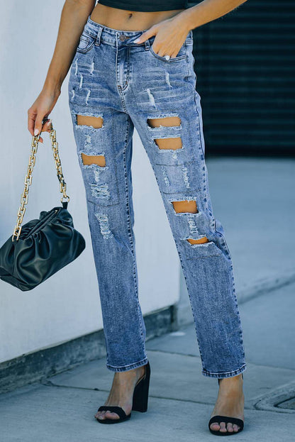 Sky Blue Buttoned Pockets Distressed Jeans