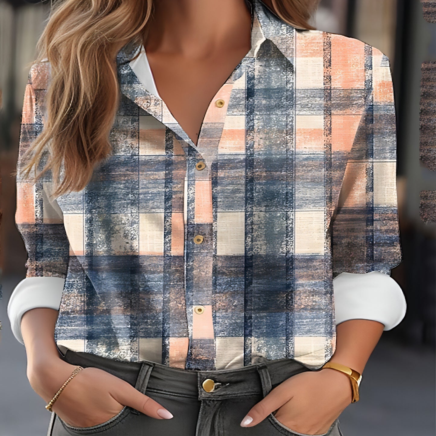 Women's Color Matching Plaid Long-sleeved Dress Shirt