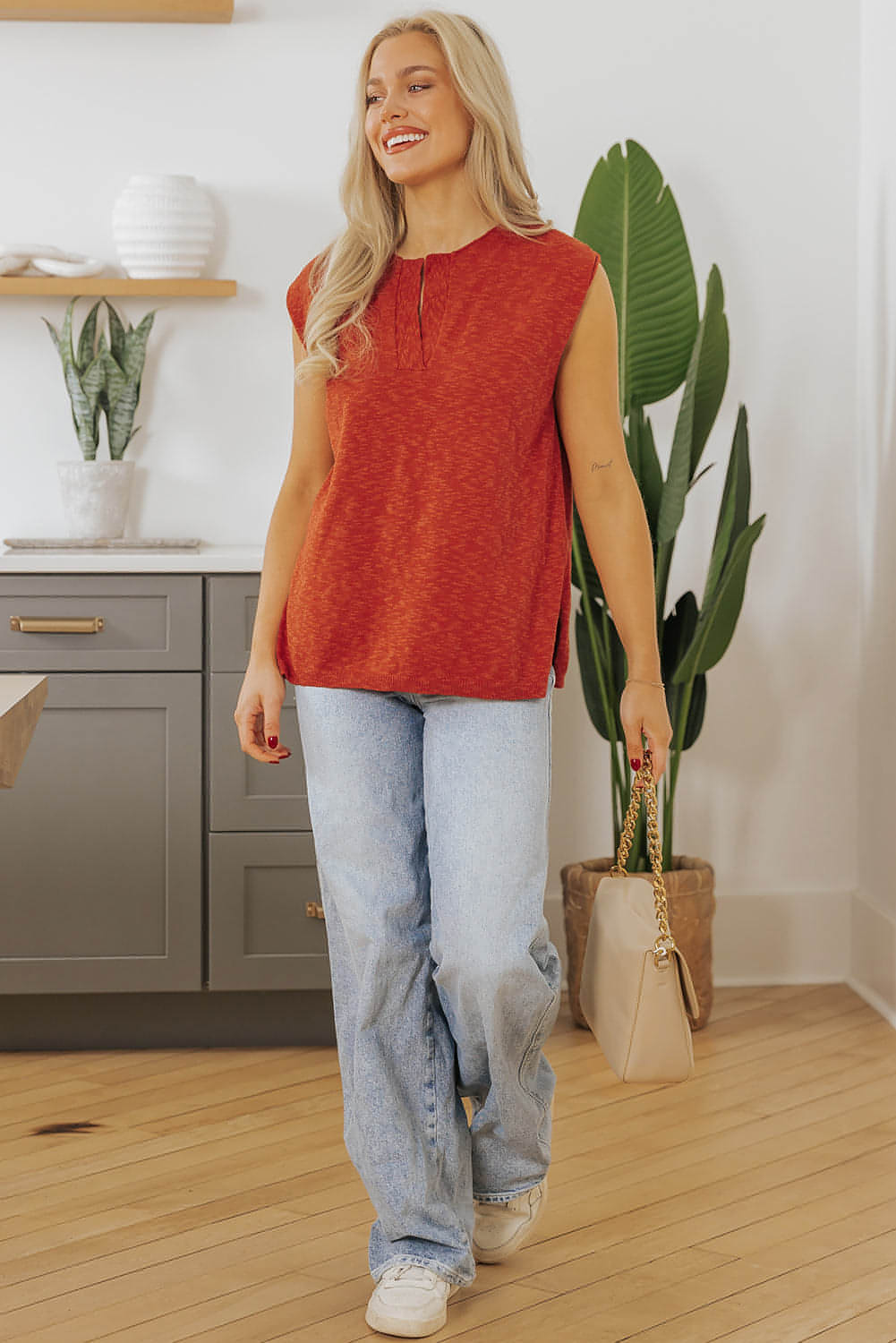 Orange Solid Color Split V Neck Short Sleeve Sweater