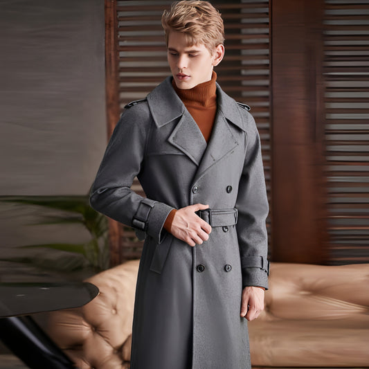 Men's Double Breasted Knee Length Woolen Trench Coat