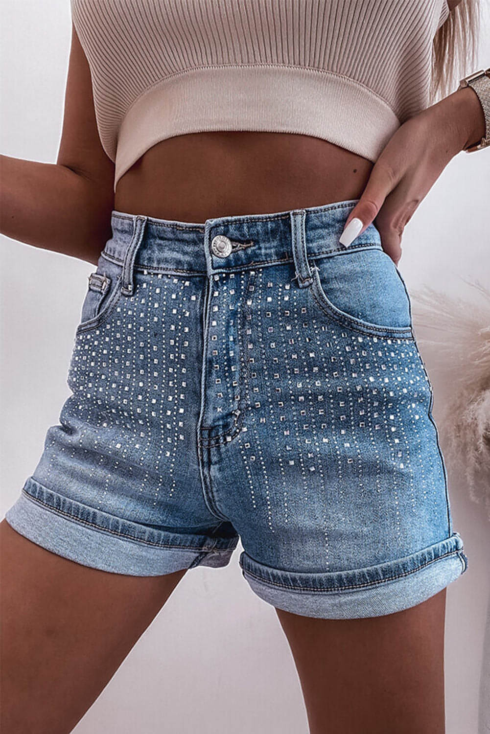 Ashleigh Blue Rhinestone utsmyckade denimshorts