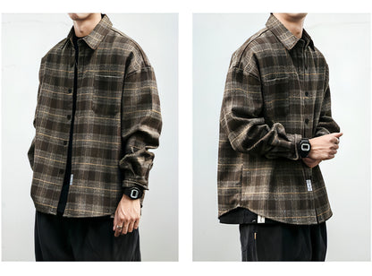 Autumn Winter Retro Sanding Padded Plaid DressShirt Men