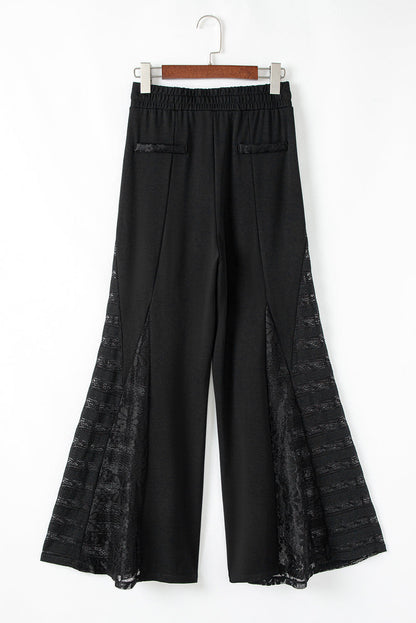 Black Boho Lace Patchwork Wide Leg High Taille Pants