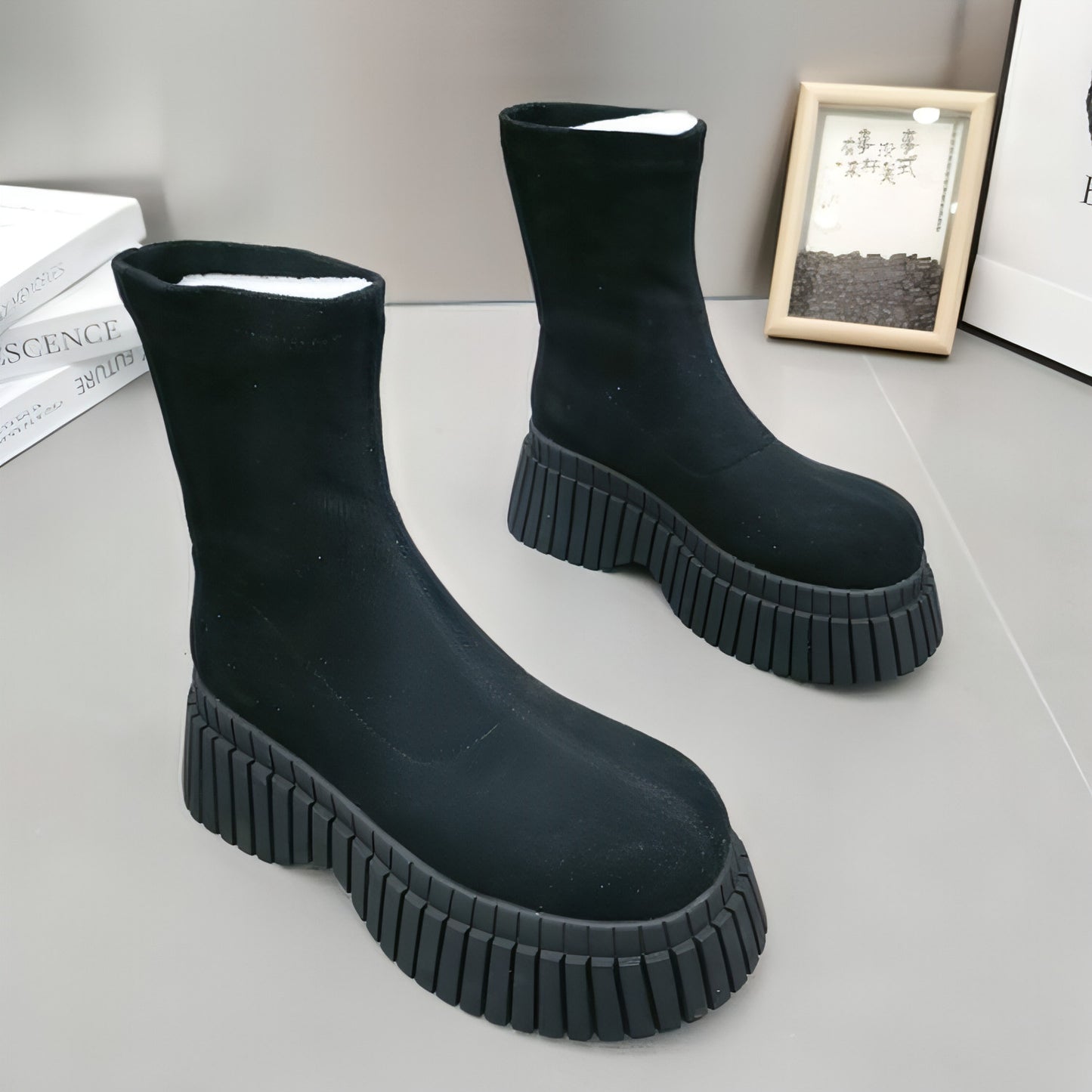 Thick Sole Long Boots Solid Color New Fashion Trendy Fly-woven Elastic Shoes Women's Winter FootwearHigh Boots