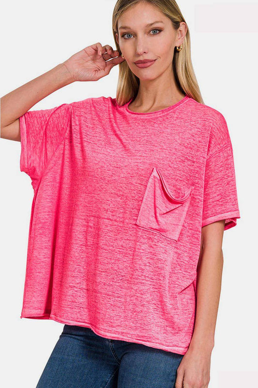 Zenana Pocketed Round Neck Dropped Shoulder T-Shirt