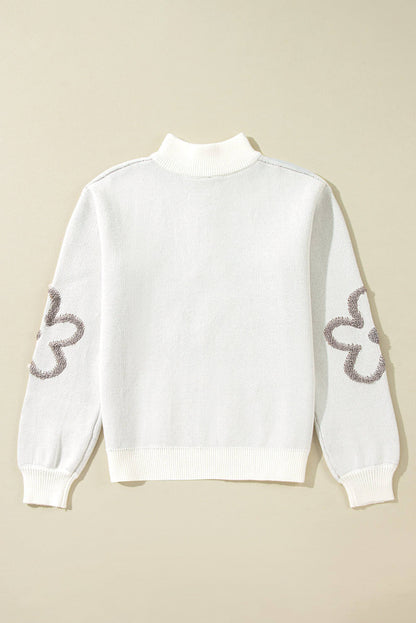 White Contrast Flower Half Zipper Stand Neck Sweater