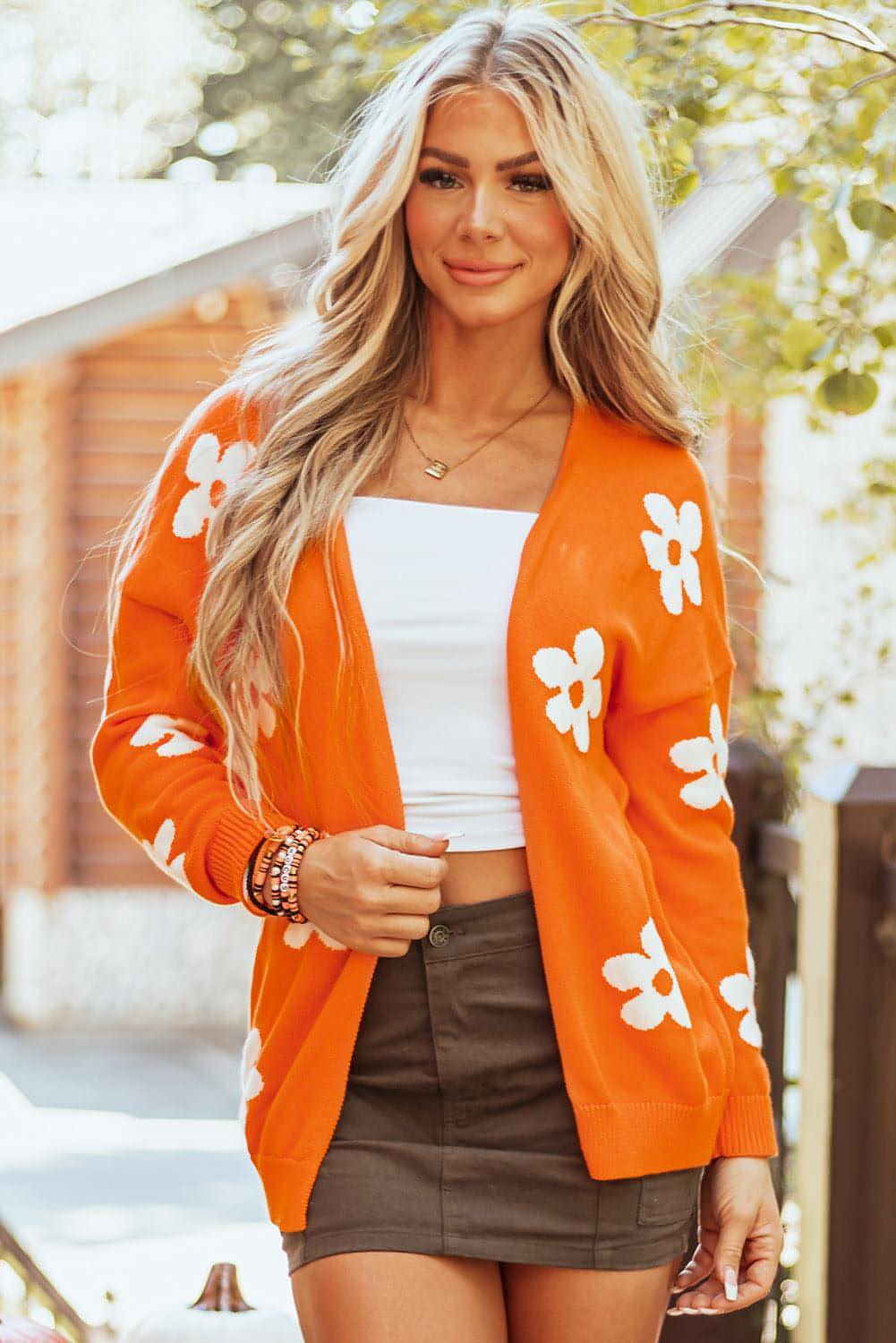 Orange blommigt tryck stickat öppet front Loose Cardigan