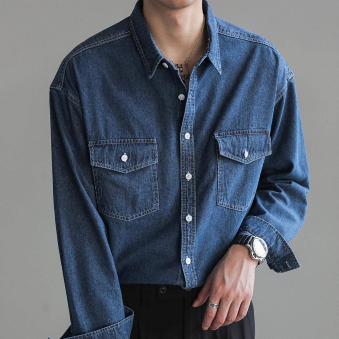 Minority Einfache Langarm Denim DressShirt männer Lose