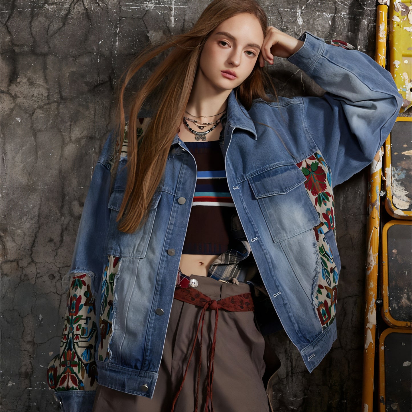 1. Stitching Embroidery Frayed Hem Denim Jacket Women