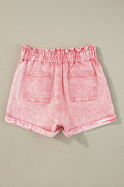 Støvet rosa Vintage Vasket Frilled High Waist Denim Shorts