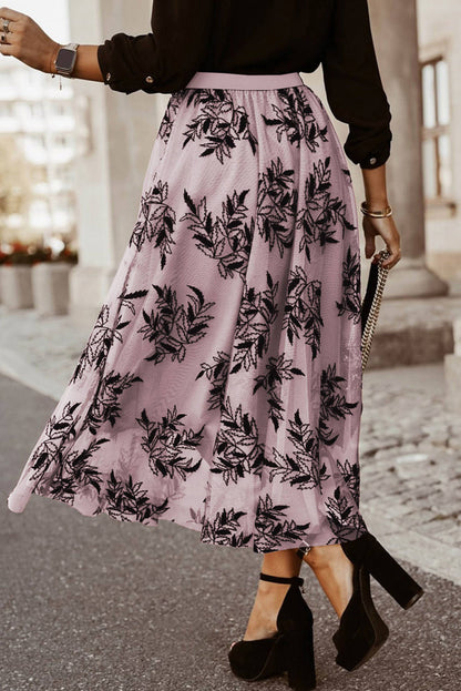 Peach Blossom Floral Leaves Embroidered High Waist Maxi Skirt