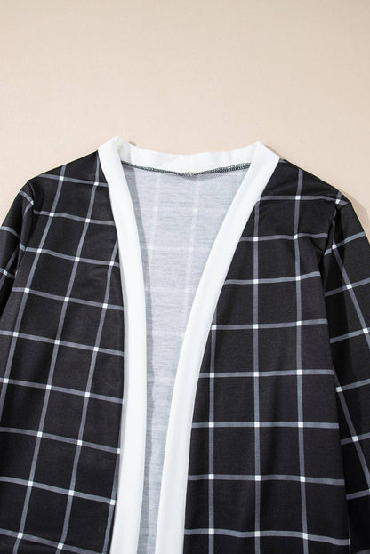 Cardigan ouvert à carreaux noirs avec bords color block et poche