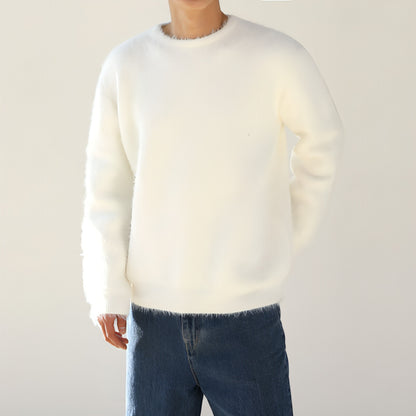 Mohair Solid Color Men's Sweater Winter Thick Round Neck