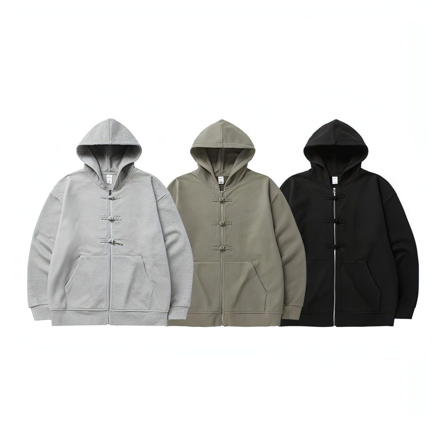 New Chinese Style Buckle Fleece Zipper Hooded Sweater