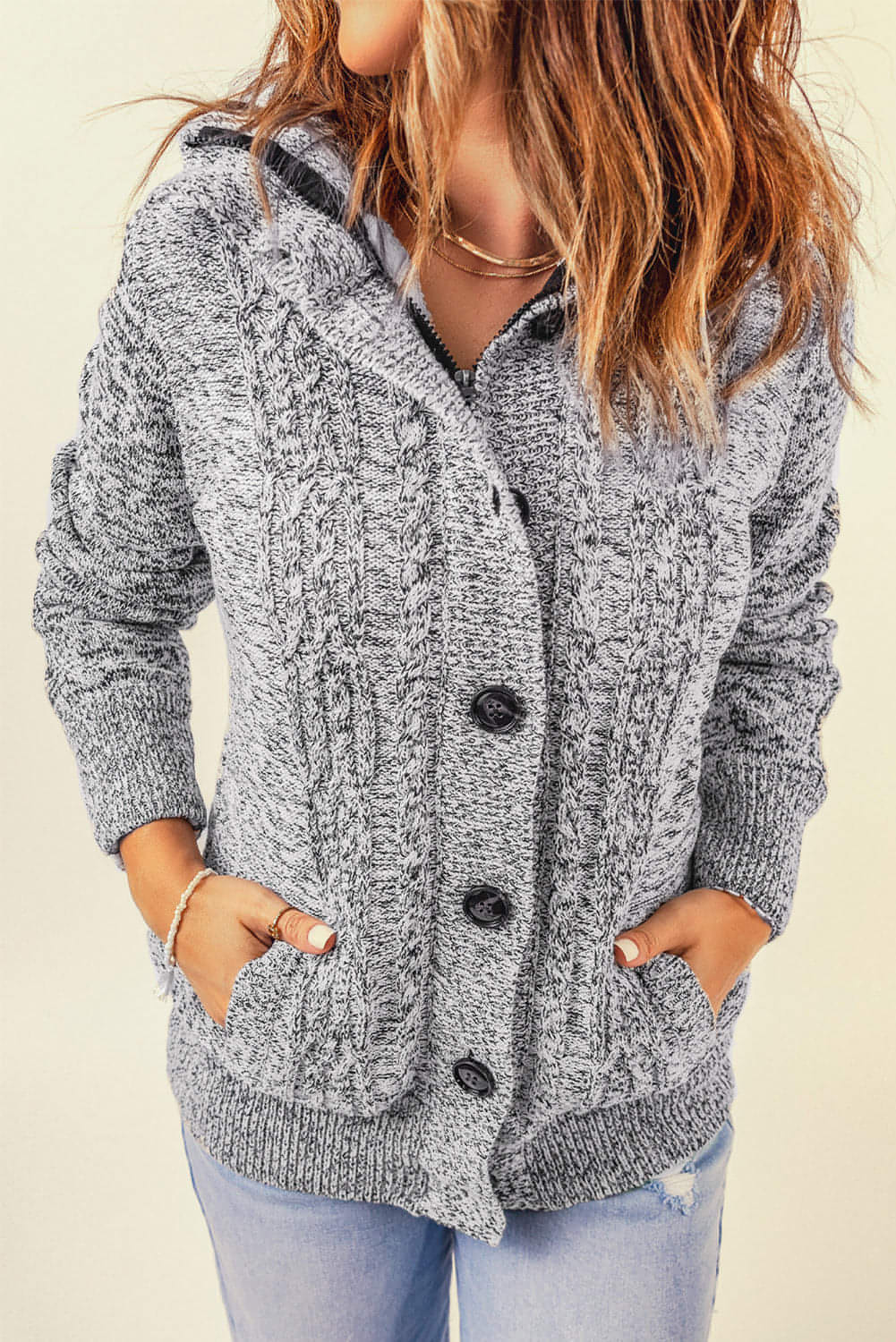 Dark Gray Long Sleeve Button-up Hooded Cardigans