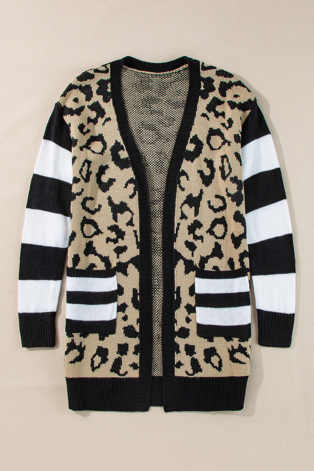 Black Stripe Sleeve Leopard Print Cardigan med åpen front og lommer