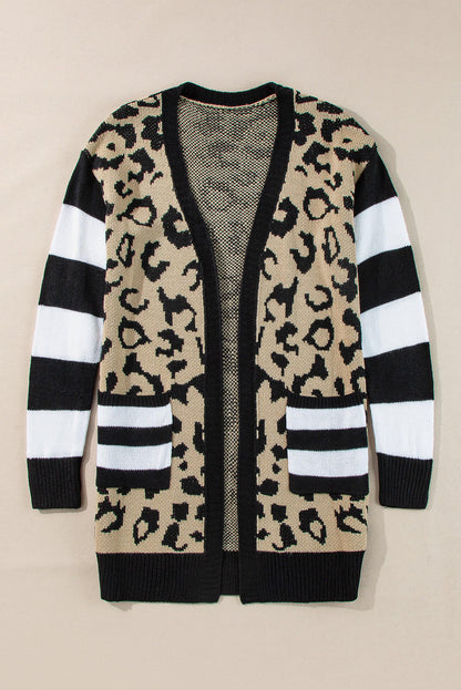 Black Stripe Sleeve Leopard Print Cardigan med åpen front og lommer