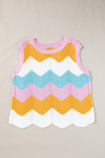 Multicolour Striped Colorblock Scalloped Hem Knitted Vest