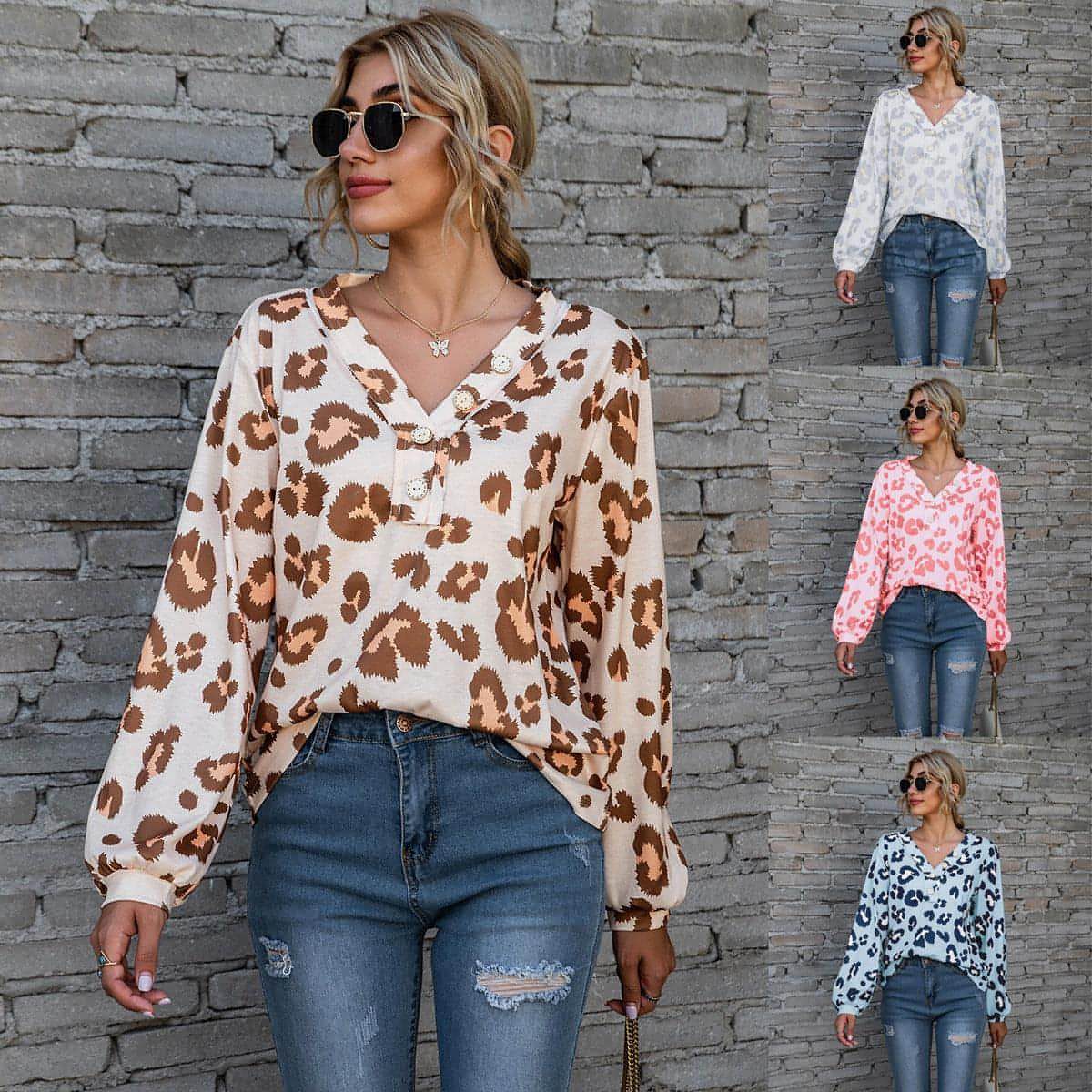 Leopard Print Printed V-neck Off-the-shoulder Long Sleeve T-shirt Women