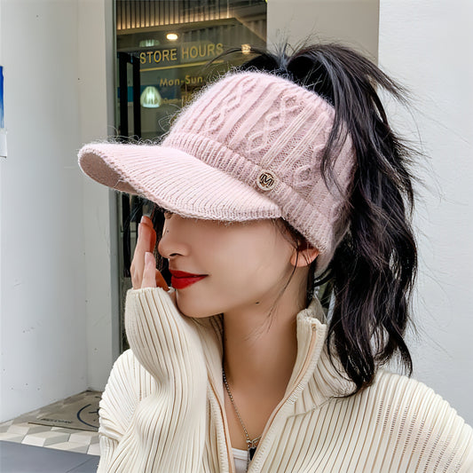 Gorro de punto de piel de conejo de estilo coreano versátil para otoño e invierno, gorro con visera y orejeras gruesas y cálidas con forro polar