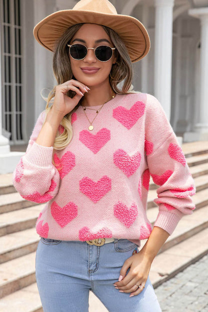 Light Pink Valentine's Day Heart Jacquard Knit Sweater