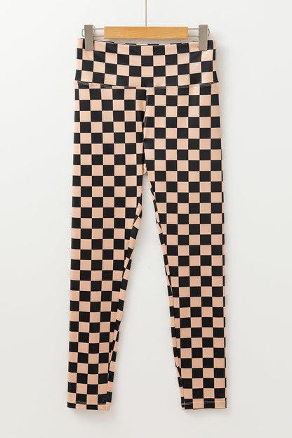 Khaki Checkered Pattern High Waist Skinny Leggings